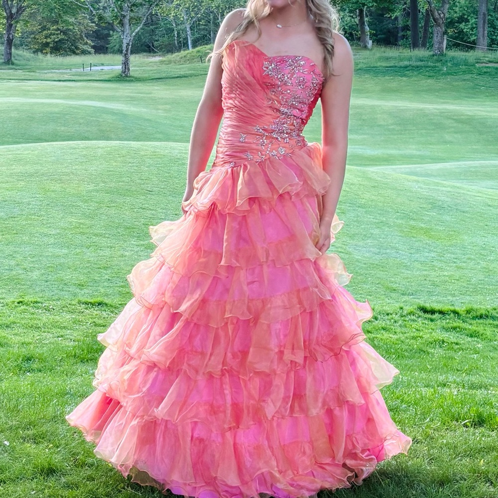 Y2k  Pink and Orange Strapless Prom Dress